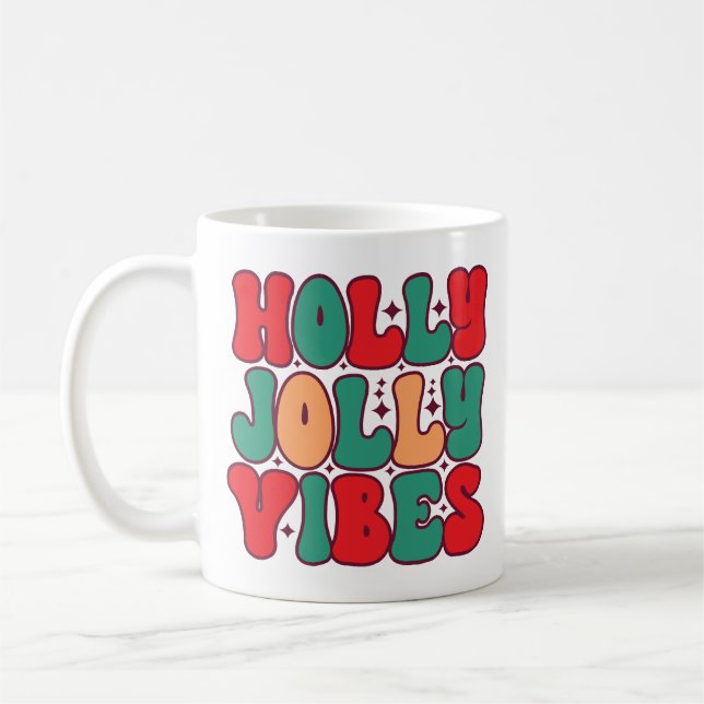 Holly Jolly Vibes Retro Groovy Christmas Holidays Coffee Mug (Left)