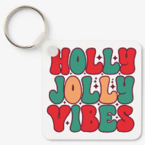 Holly Jolly Vibes Retro Groovy Christmas Holidays Keychain
