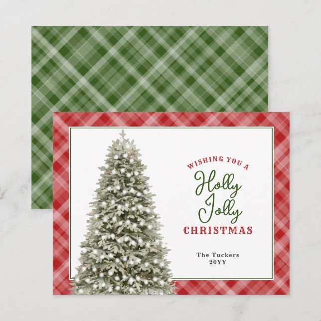 Holly Jolly Watercolor Tree Plaid Christmas Holiday Card (Front/Back)