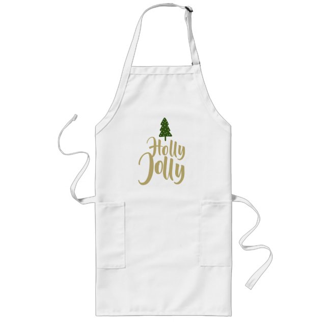 Holly Jolly White Gold Merry Christmas Long Apron (Front)