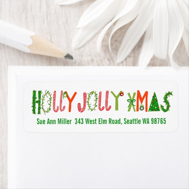 HOLLY JOLLY XMAS Holiday Christmas CUSTOM address Label (Insitu)