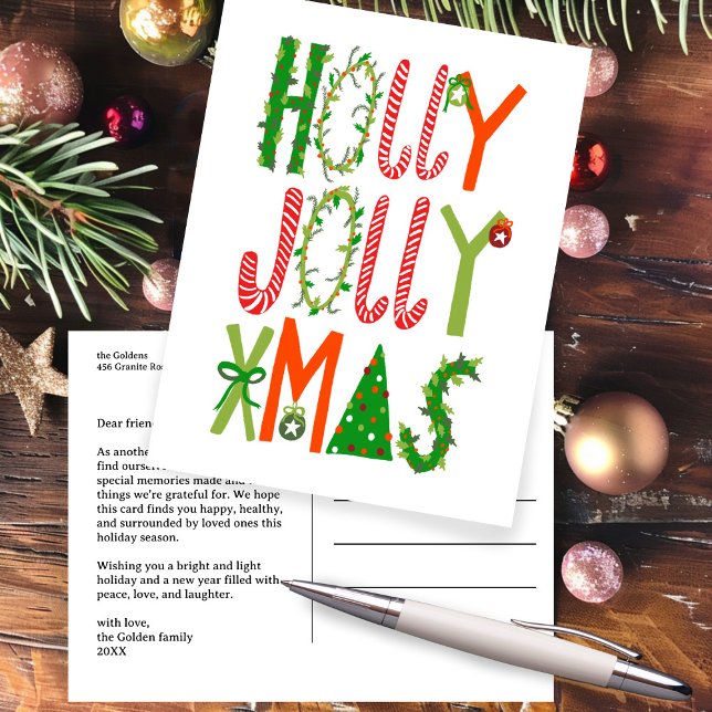 HOLLY JOLLY XMAS Lettering Christmas CUSTOM Postcard (HOLLY JOLLY XMAS Lettering Christmas CUSTOM Non-Photo Holiday Postcard
)