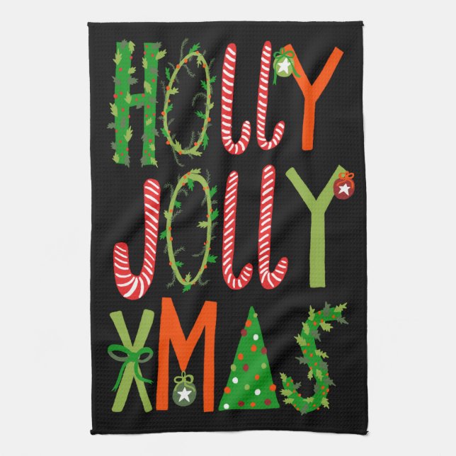 HOLLY JOLLY XMAS Sweet Holiday Christmas Kitchen Towel (Vertical)