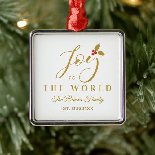 Holly Joy to the World Golden Christmas Quote Metal Ornament