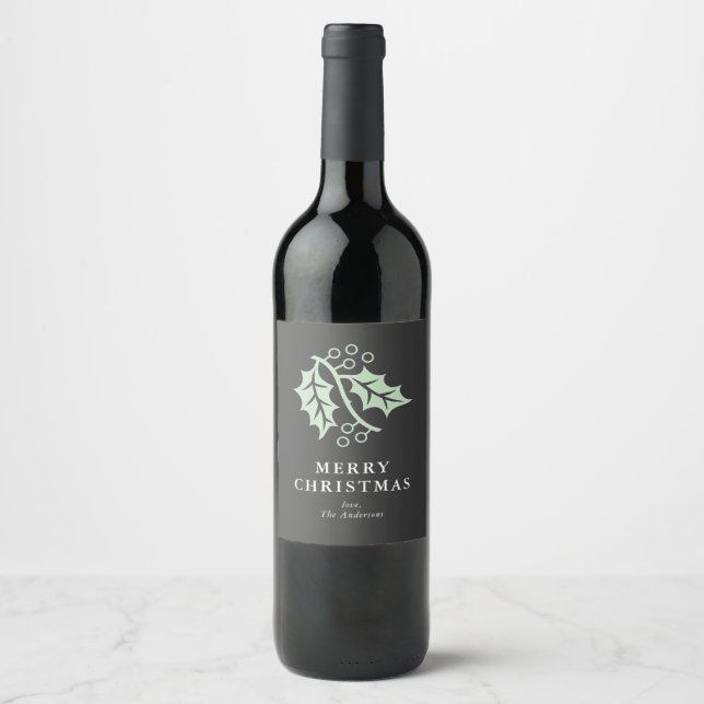 Holly Leaf and Berries Charcoal Gray Christmas Wine Label (Front)