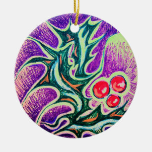 Holly Leaf and Berry Colorful Ceramic Ornament