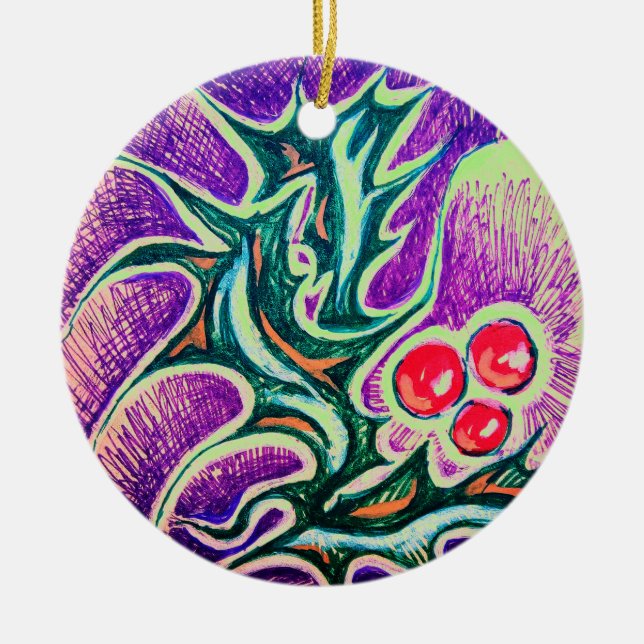 Holly Leaf and Berry Colorful Ceramic Ornament (Front)