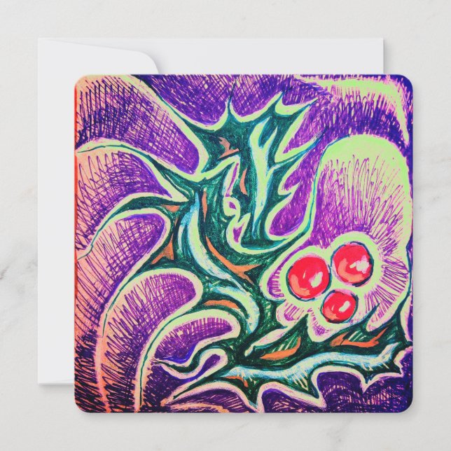 Holly Leaf and Berry Colorful Holiday Card (Front)