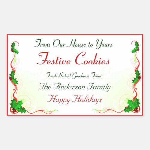 Holly Leaf and Red Ribbon Holiday Food Rectangular Sticker