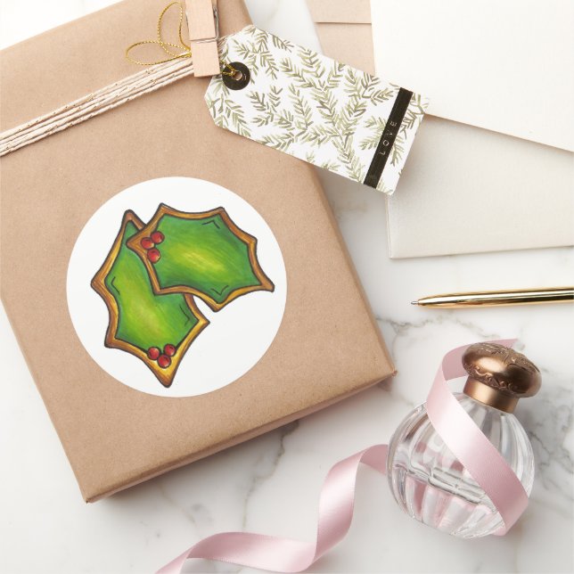 Holly Leaf Leaves Christmas Cookie Green Red Berry Classic Round Sticker (Gifting)