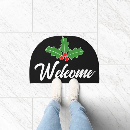 Holly leafs and berries Christmas welcome door mat