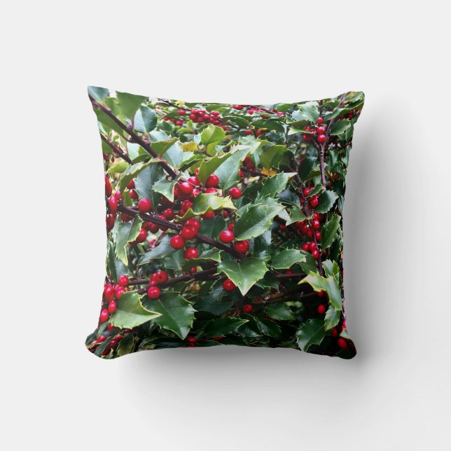 Holly leaves and Berries Christmas botanical Throw Pillow (Front)
