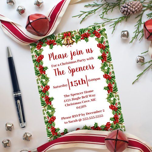 Holly Leaves and Berries Christmas Party Invitation