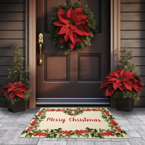 Holly Leaves and Berries Merry Christmas Photo Doormat