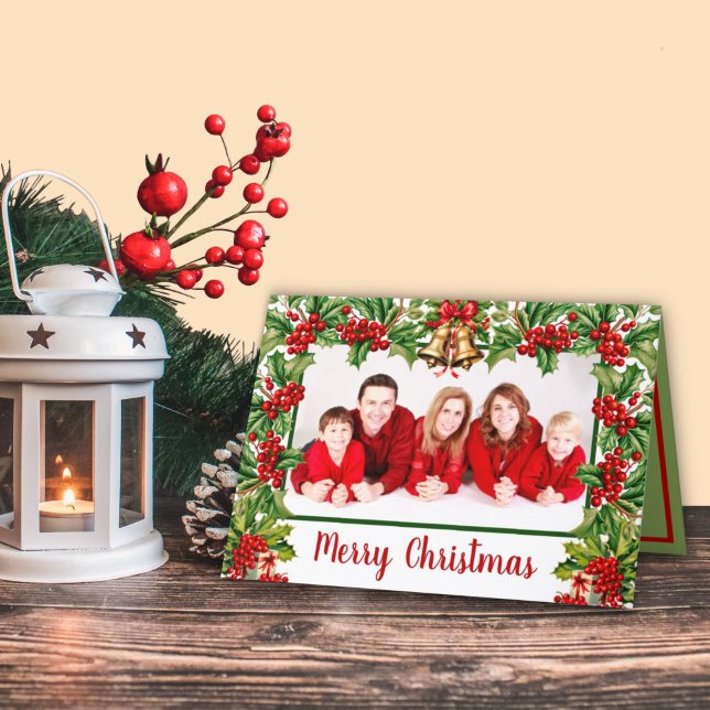 Holly Leaves and Berries Merry Christmas Photo Holiday Card (Creator Uploaded)