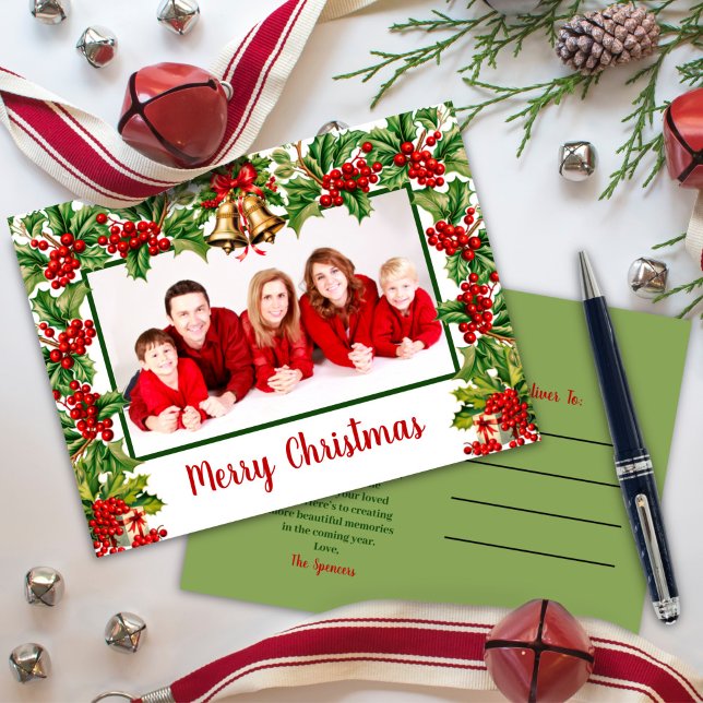 Holly Leaves and Berries Merry Christmas Photo Holiday Postcard (Creator Uploaded)