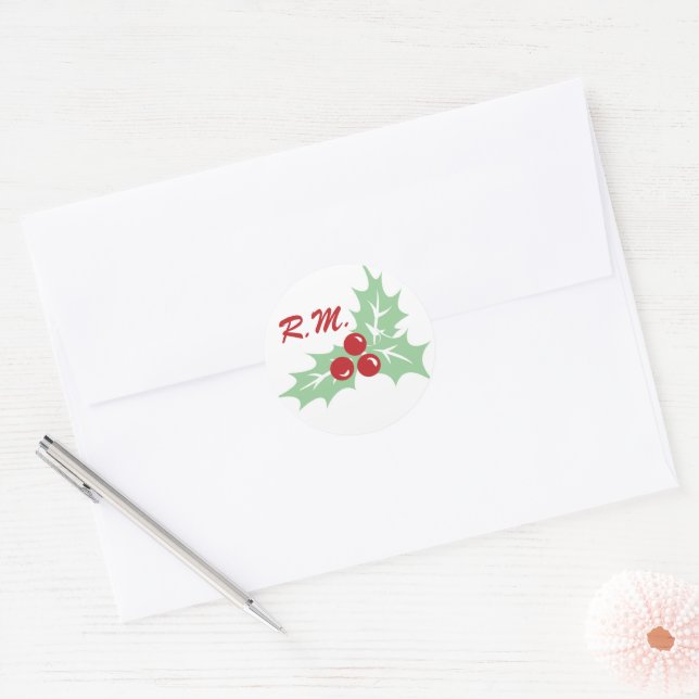Holly Leaves and Berries Monogram Holiday Sticker (Envelope)
