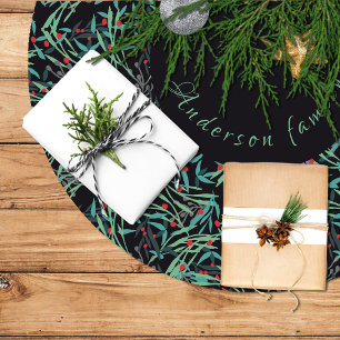 Holly leaves and berries on a black background brushed polyester tree skirt
