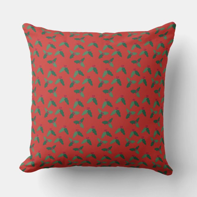 Holly Leaves and Berries on Christmas Red Throw Pillow (Front)