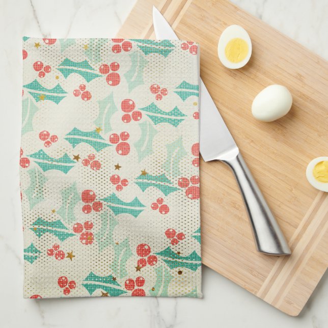 Holly Leaves and Berries Retro Style Kitchen Kitchen Towel (Quarter Fold)