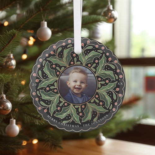 Holly Leaves and Berries Round Photo Glass Ornament