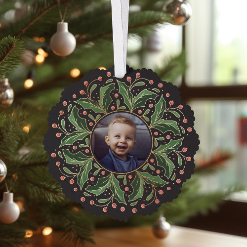 Holly Leaves and Berries Round Photo Ornament Card