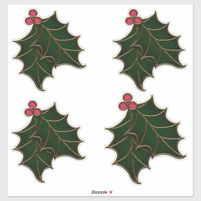 Holly Leaves and Berries Stained Glass Look  Sticker (Sheet)