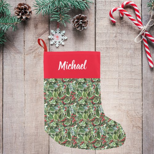 Holly Leaves and Berries with Personalized Name Small Christmas Stocking