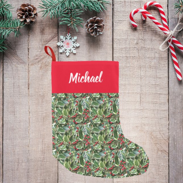 Holly Leaves and Berries with Personalized Name Small Christmas Stocking (In Situ)