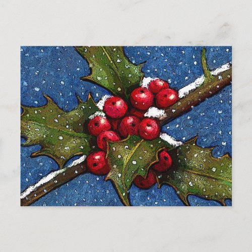 Holly Leaves and Berries With Snow Falling Postcard