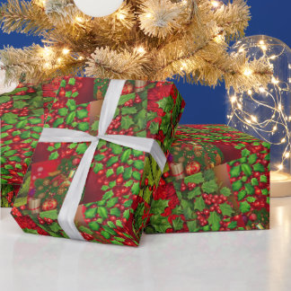 Holly Leaves and Berries Wrapping Paper