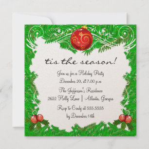 Holly Leaves and Ornaments Holiday Party Invitation