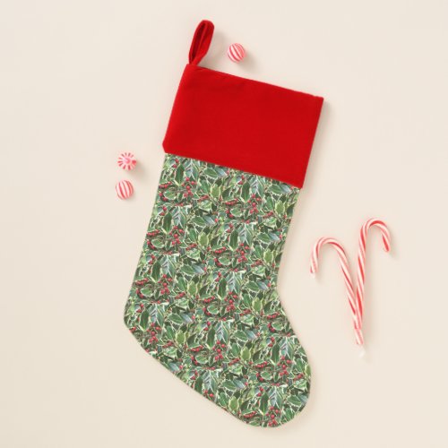 Holly Leaves and Red Berries Holiday Christmas Stocking