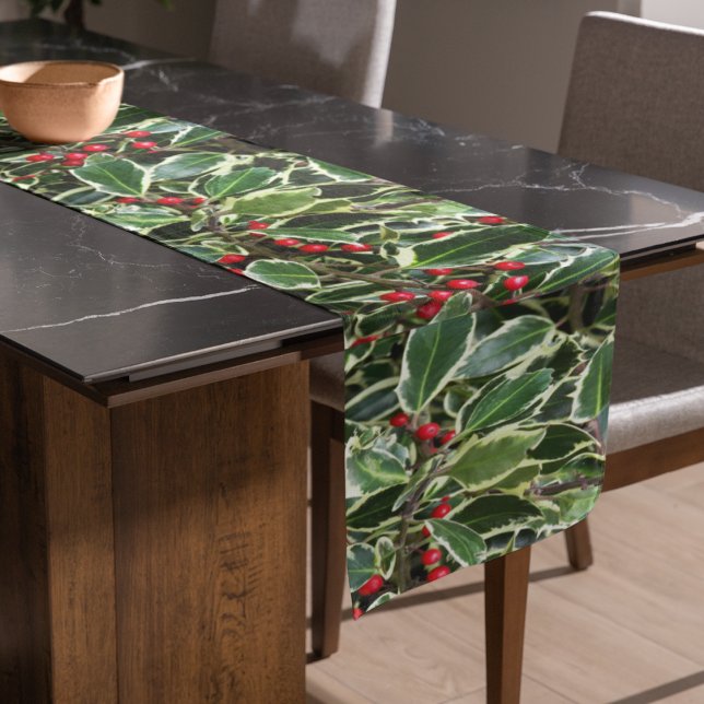 Holly Leaves and Red Berries Holiday Short Table Runner (In Situ Dining Room)