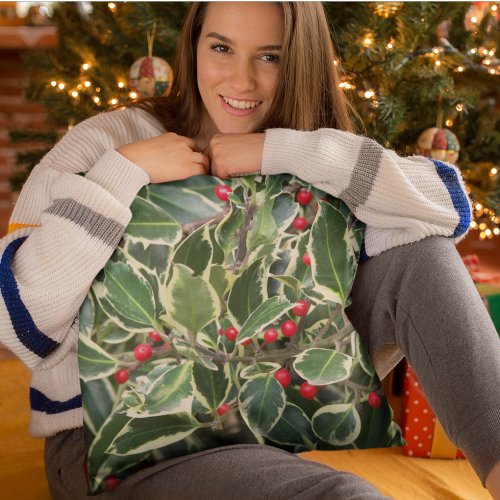 Holly Leaves and Red Berries Holiday Throw Pillow