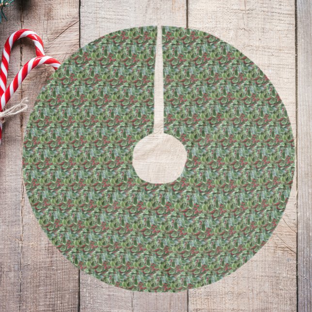 Holly Leaves and Red Berries Pattern Holiday Brushed Polyester Tree Skirt (in Situ)