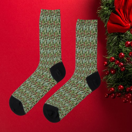 Holly Leaves and Red Berries Pattern Holiday Socks
