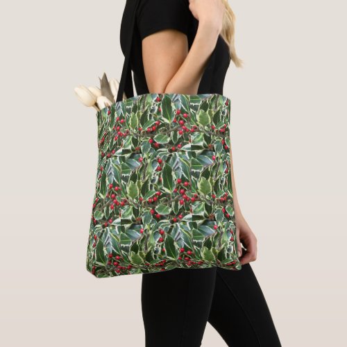 Holly Leaves and Red Berries Pattern Holiday Tote Bag