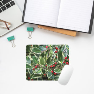 Holly Leaves and Red Berries Seasonal Mouse Pad