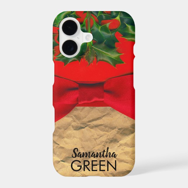 Holly Leaves and Red Bow Monogram Iphone Case (Back)