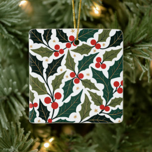 Holly Leaves And Stars Retro Modern Background Ceramic Ornament