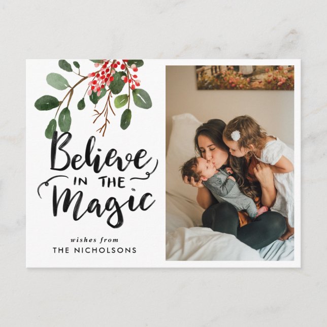 Holly Leaves | Believe In The Magic Photo Holiday Postcard (Front)