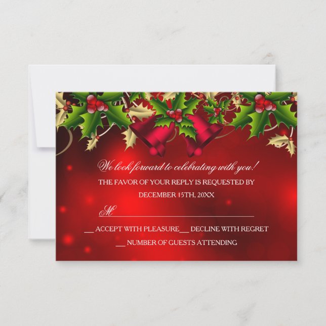 Holly Leaves & Bell Red Christmas Party RSVP Card (Front)
