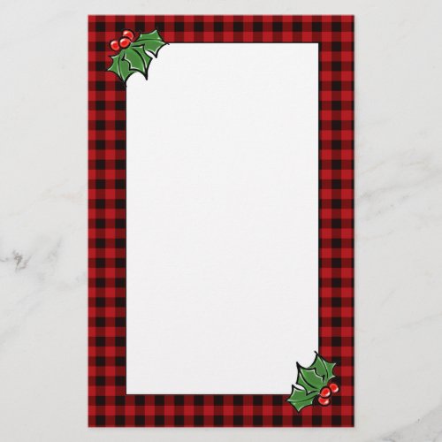 Holly leaves berries classic red buffalo plaid stationery