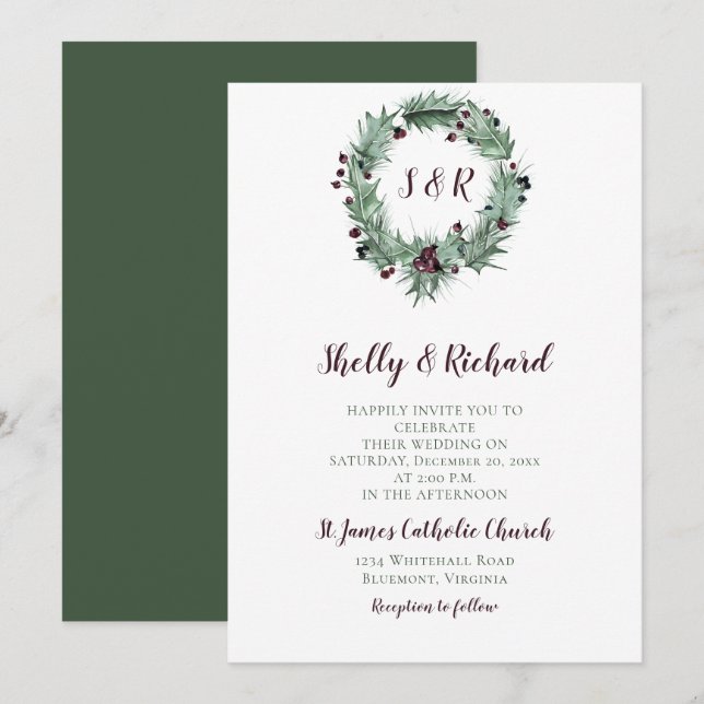 Holly Leaves, Berries, Ferns Wreath Winter Wedding Invitation (Front/Back)