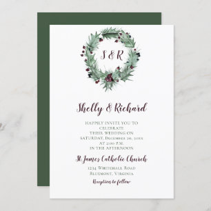 Holly Leaves, Berries, Ferns Wreath Winter Wedding Invitation