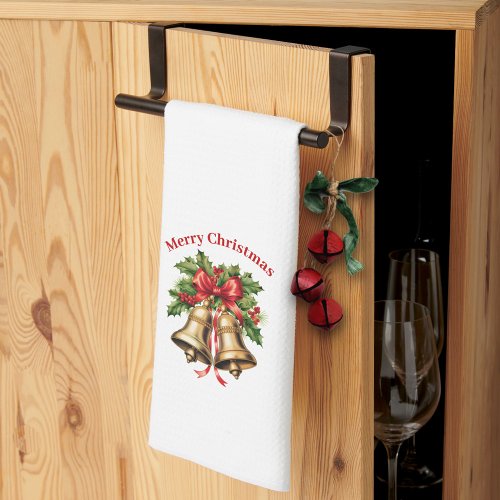 Holly Leaves  Berries Gold Bells Merry Christmas  Kitchen Towel