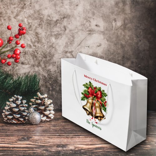 Holly Leaves  Berries Gold Bells Merry Christmas  Large Gift Bag