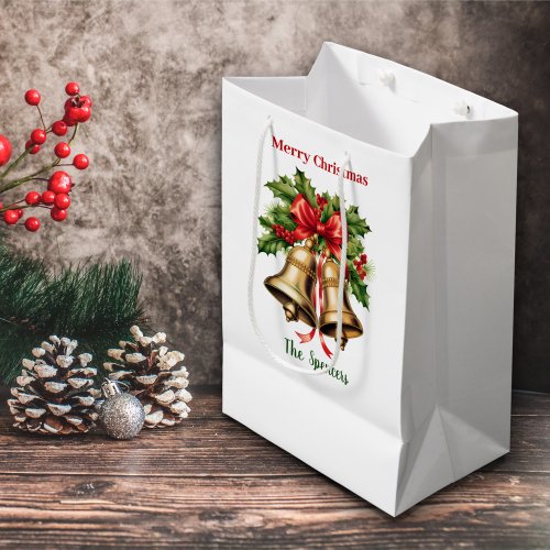 Holly Leaves  Berries Gold Bells Merry Christmas  Medium Gift Bag