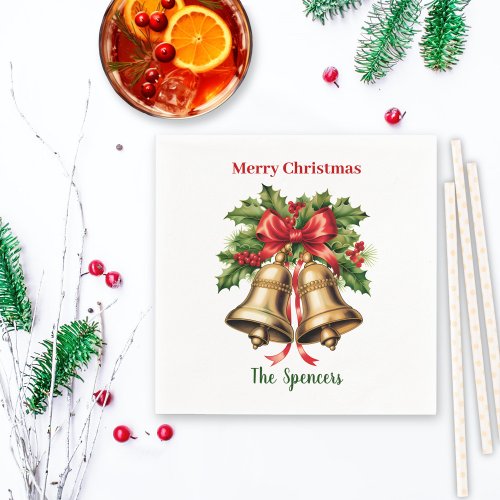 Holly Leaves  Berries Gold Bells Merry Christmas  Napkins